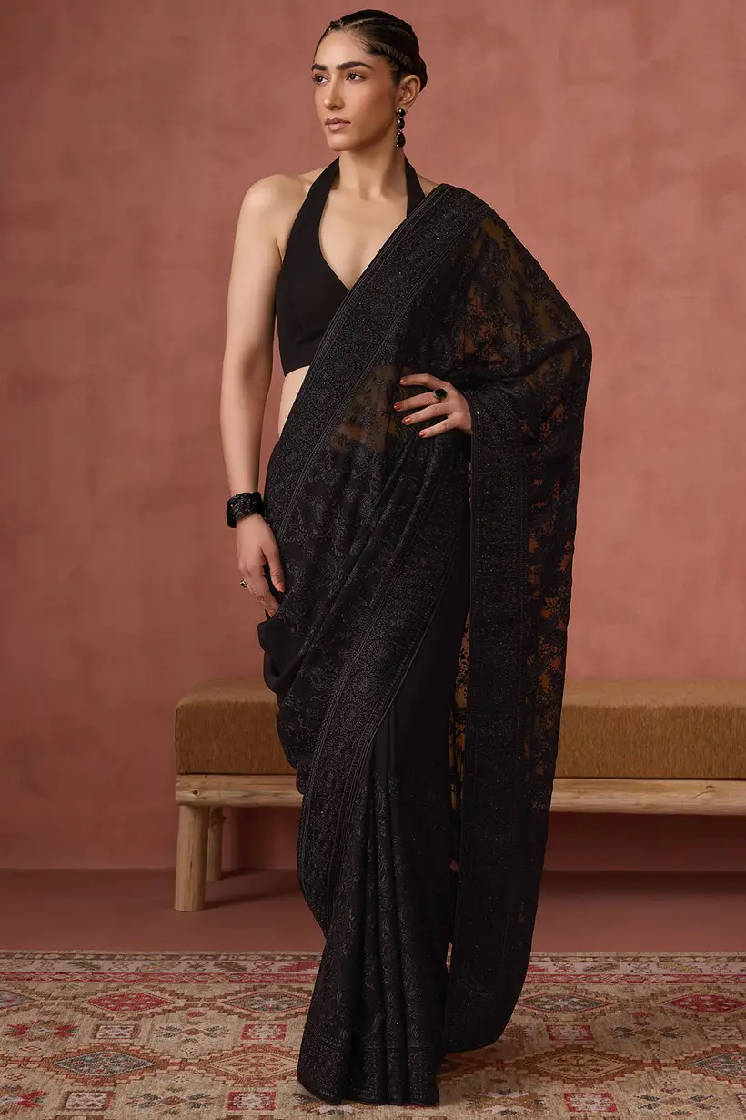 Black Georgette Embroidered Saree Stone Work